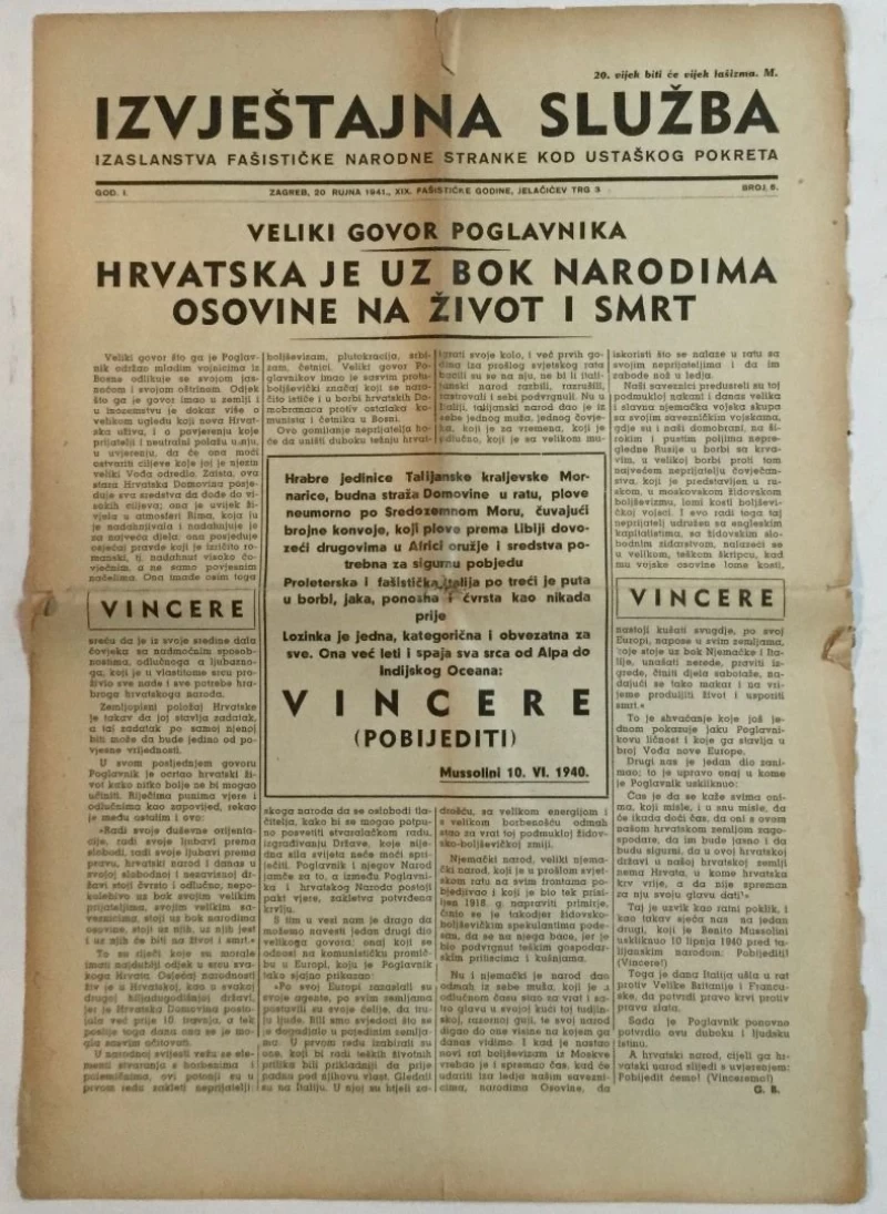 NOVINE IZVJEŠTAJNA SLUŽBA FAŠISTIČKE NARODNE STRANKE KOD USTAŠKOG POKRETA BROJ 6 GODINA 1941