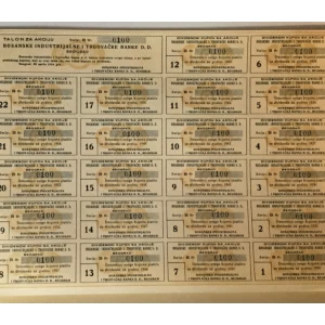 DIONICA BOSANSKE INDUSTRIJALNE I TRGOVAČKE BANKE, BEOGRAD, SERIJA B BROJ 0100, VRIJEDNOST 500 DINARA, 1934. GOD.