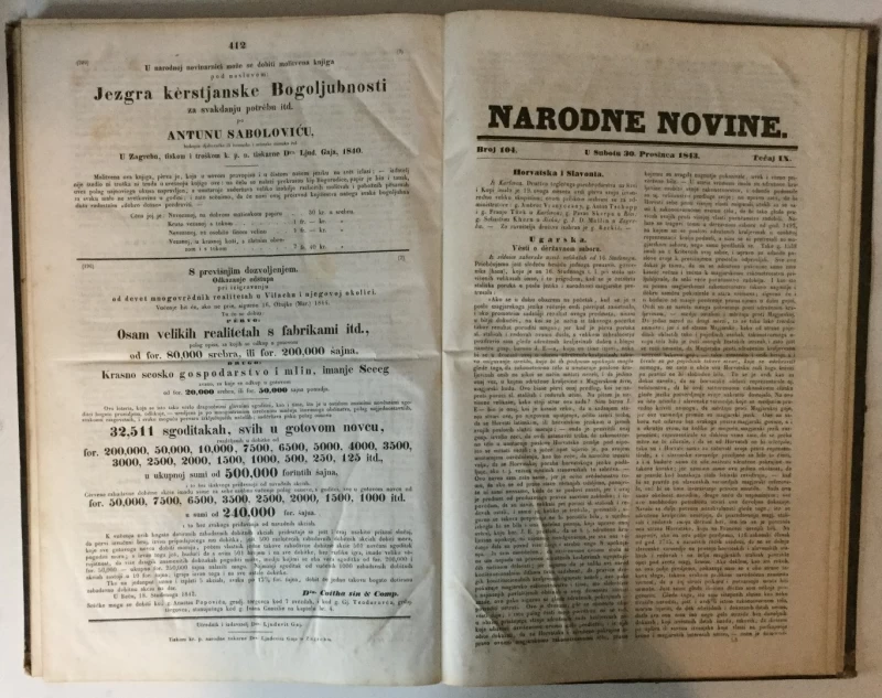 ILIRSKE NARODNE NOVINE/NARODNE NOVINE, GODINA IX. (1843.) BR. 1-104