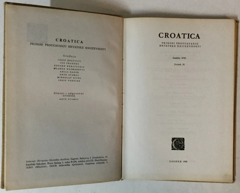 CROATICA, PRINOSI PROUČAVANJU HRVATSKE KNJIŽEVNOSTI, GOD. XXI. (1990.) SVEZAK 34