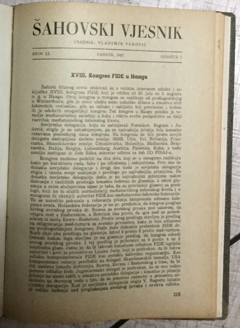 ŠAHOVSKI VJESNIK, GOD. I (1946.-1947.) BR 1-12