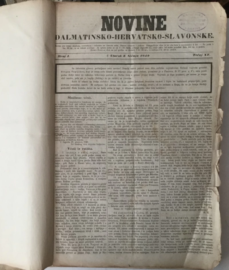 Novine dalmatinsko-hervatsko-slavonske / Narodne novine godina XV. (1849.) BR. 1-228 
