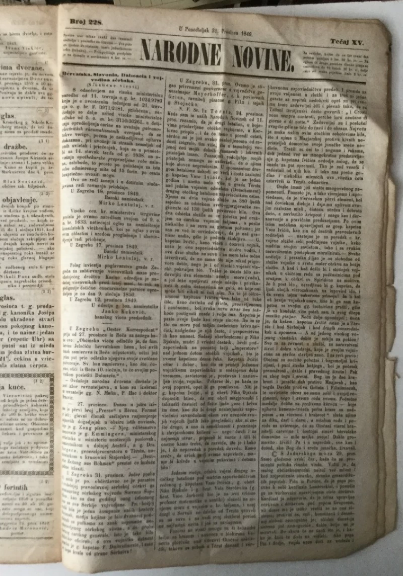 Novine dalmatinsko-hervatsko-slavonske / Narodne novine godina XV. (1849.) BR. 1-228 