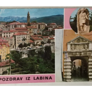 Labin: stara razglednica Pozdrav iz Labina tri motiva s rozim obrubom