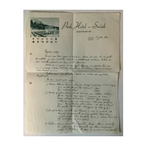 Pismo iz Sušaka na papiru sa zaglavljem Park Hotel - Sušak iz 1940. godine