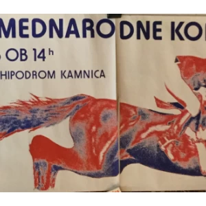 Plakat iz dva dijela V nedeljo mednarodne konjske dirke, Konjeniški klub Maribor, Hipodrom Kamnica, 1975. 