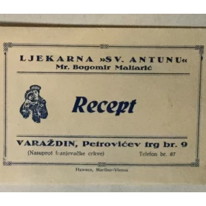 Liječnički recept za pregled Rentgenom, iz ordinacije Aleksandra Ernsta, predano u Ljekarnu Maltarić (Sv. Antunu) u Varaždinu