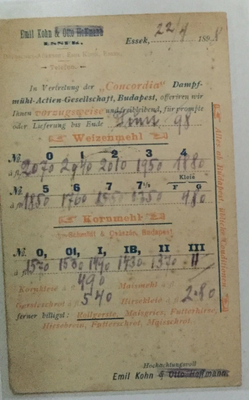 OSIJEK HRVATSKA STARA RAZGLEDNICA 1898 "CONCORDIA" REKLAMNA DOPISNICA CJENIK EMIL KOHN &amp; OTTO HOFFMANN