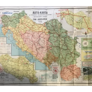 Auto karta sa pomorskim, željezničkim i avionskim saobraćajnim linijama FNR Jugoslavije