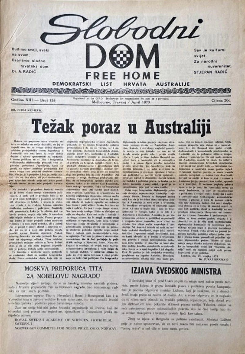 Časopis: Slobodni dom - Free home - Demokratski list hrvata Australije br. 138/ 1973.