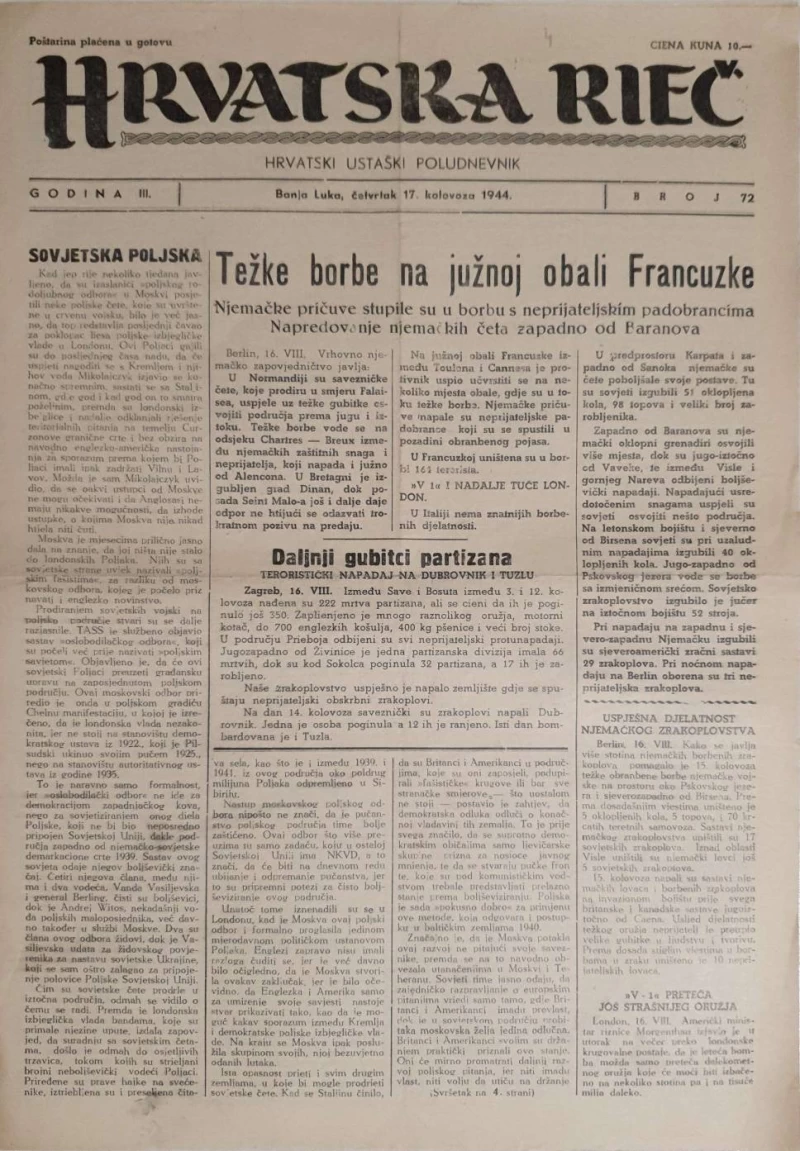 Časopis Hrvatska rieč: Godina III, Broj 72/1944