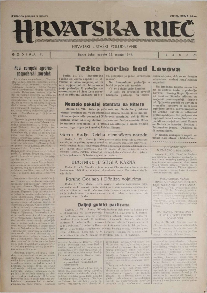 Časopis Hrvatska rieč: Godina III, Broj 61/1944