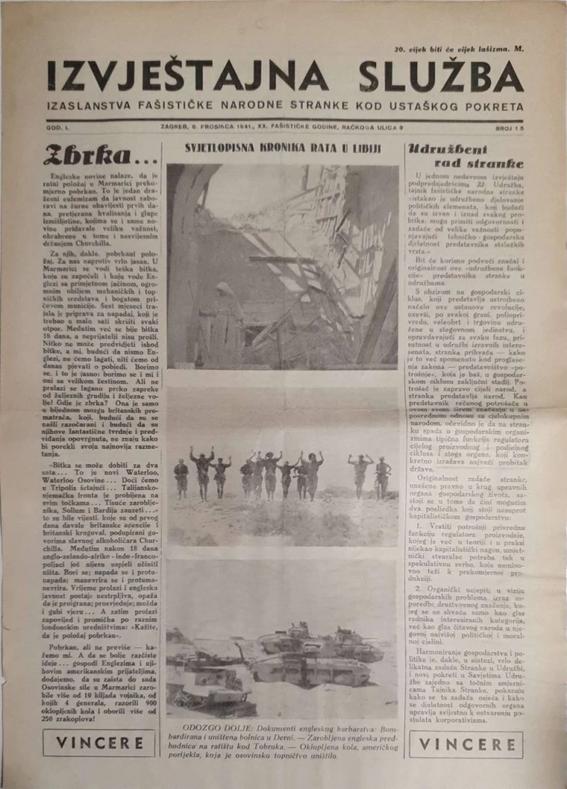 Časopis Izvještajna služba: godina I, broj 15/1941