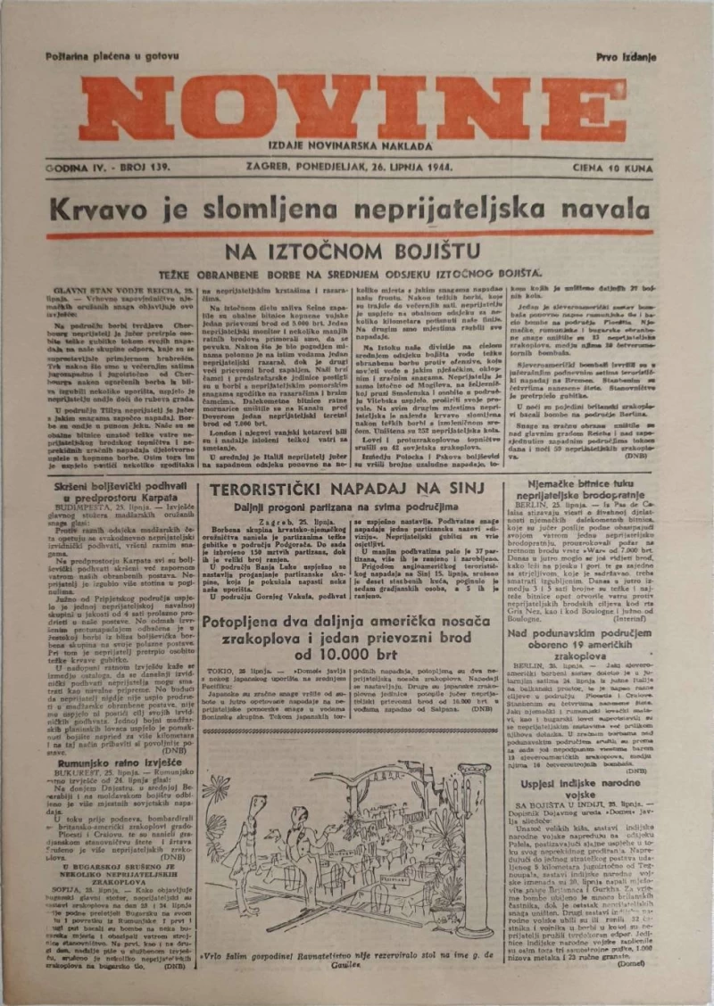 Časopis Novine: godina IV, broj 139/1944
