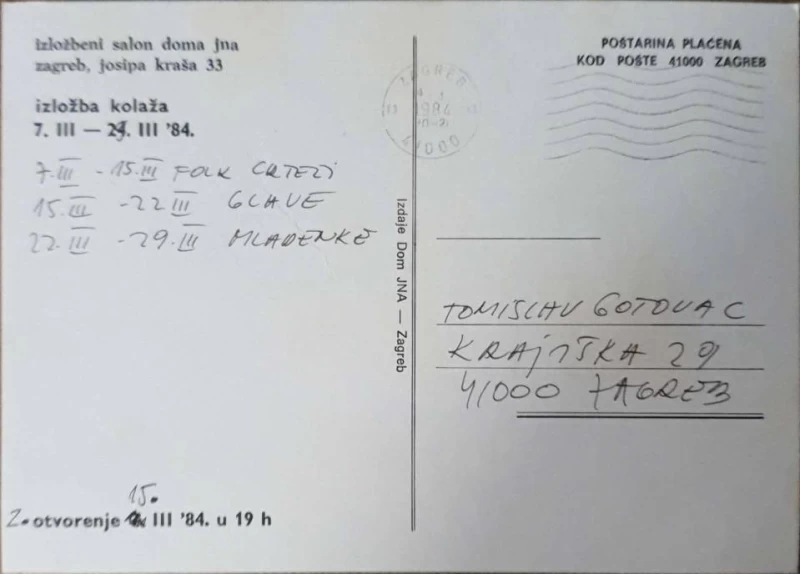 Miroslav Šutej: Izložba kolaža 7.III-24.III.1984: pošiljatelj Tomislav Gotovac
