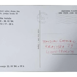 Miroslav Šutej: Mladenke iz Markuševca: Izložba kolaža 22.III-30.III.1984: pošiljatelj Tomislav Gotovac