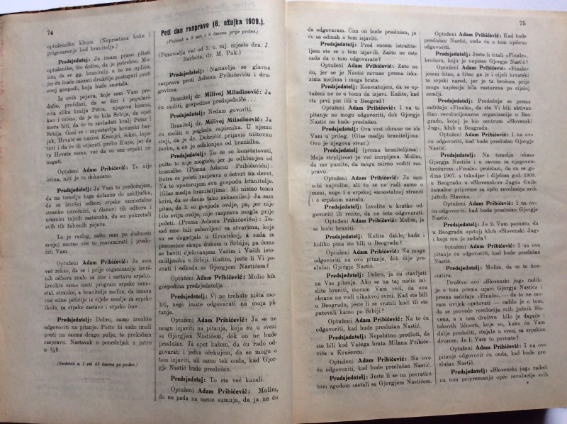 STENOGRAFSKI ZAPISNIK SASTAVLJEN KOD KR. SUDBENOG STOLA U ZAGREBU 1909. - OPTUŽNICA PROTIV ADAMA PRIBIČEVIĆA I 52 DRUGA RADI ZLOĆINSTVA VELEIZDAJE...  