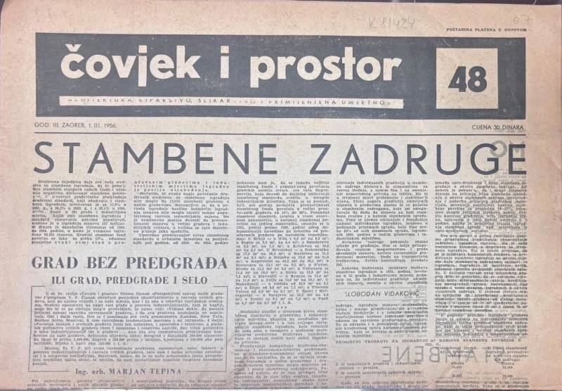 Časopis: Čovjek i prostor  godište III.  Zagreb 1956. broj 48.