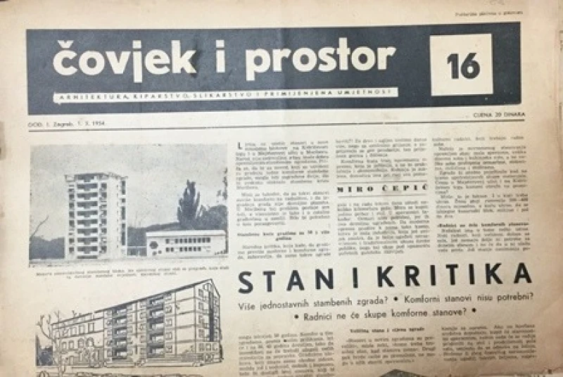 Časopis: Čovjek i prostor  godište I.  Zagreb 1954. broj 16.