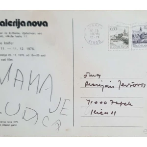 Razglednica pozivnica Galerija Nova Julije Knifer 23.11-11.12.1976 - primatelj Marijan Jevšovar
