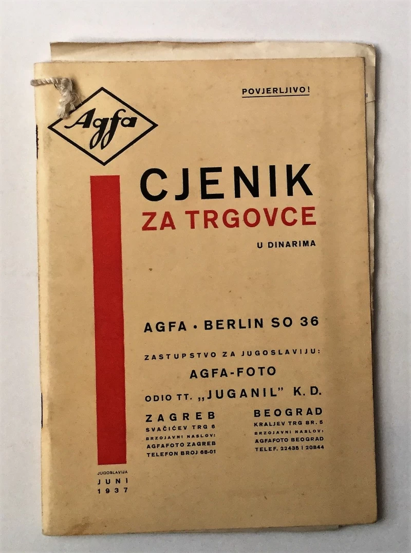 AGFA CJENIK ZA TRGOVCE, AGFA BERLIN SO 36, ZAGREB - BEOGRAD 1937.