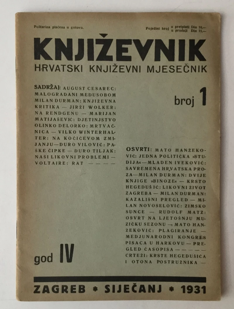 KNJIŽEVNIK : HRVATSKI KNJIŽEVNI MJESEČNIK BROJ 1